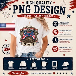 May include: White t-shirt featuring a patriotic design with a video game controller and the word "FREEDOM". The design includes red, white, and blue colors, and the text "MODE ON". The image also includes text about the product's features.