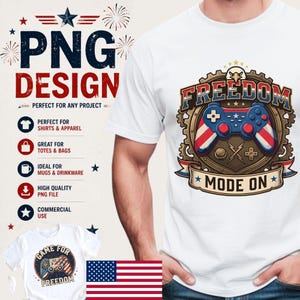 May include: White t-shirt featuring a patriotic design with a video game controller and the word "FREEDOM". The controller is red, white, and blue. The shirt also has the words "MODE ON".