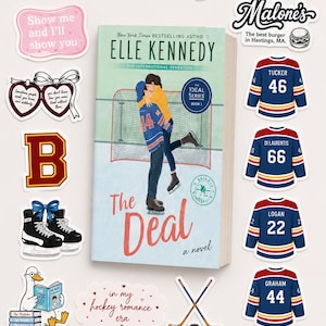 May include: Image featuring stickers and a book titled "The Deal" by Elle Kennedy. Stickers include a hockey jersey, a baseball cap, hockey sticks, and a ticket. The book cover depicts a couple on ice skates.