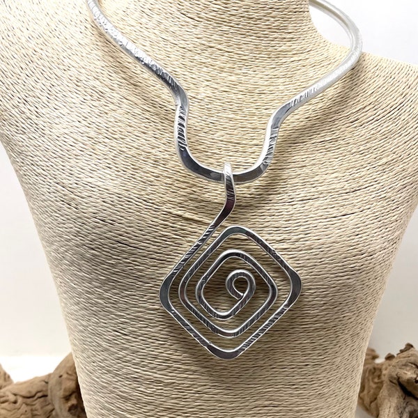 Silver Square Pendant and Neckpiece Aluminum Necklace Afrocentric Statement Jewelry Unique Different Wearable Art Wire Unusual