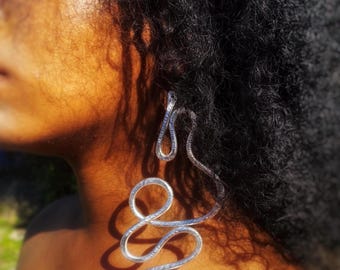 Wire wrapped jewelry. Silver Earrings with Curvy Design. Oversized Gift For Her Ear Art Aluminum Long Earrings Wearable Art
