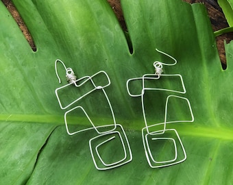 Handmade Silver Aluminum Wire Abstract Dangle Earrings: Bold Statement Jewelry