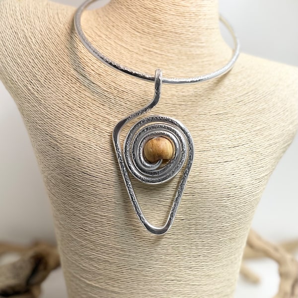 Silver Triangular Pendant with Spiral and Wood Bead Neckpiece Aluminum Necklace Afrocentric Statement Jewelry Unique Different Wearable Art