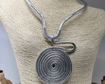 Silver Wire Necklace with Hammered Spiral Pendant Aluminum Jewelry Necklace Unique Different Boho Hammered Silver Necklace Wearable Art