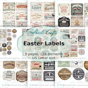 May include: A collection of vintage-style Easter labels with various designs, including bunnies, eggs, and floral elements. The labels feature text such as "Easter Egg Hunt" and "Happy Easter." The image includes the text "Easter Labels" and "9 pages, 126 elements, US Letter size."