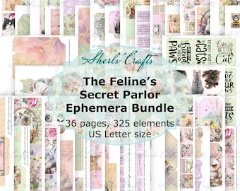 Das Katzen-Geheimnis-Salon-Ephemera-Set – US-Letter-Format | Digitaler Download | Scrapbooking | Junk Journal | Kartenbasteln