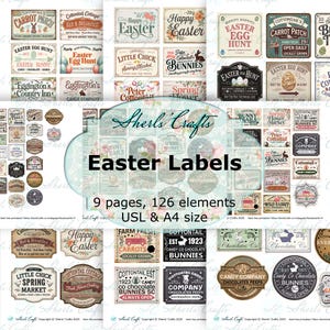 May include: A collection of printable Easter labels featuring 126 elements across 9 pages. The designs include various vintage-style typography, illustrations of rabbits, carrots, and eggs, with text such as Cottontail Cottage, Easter Egg Hunt, and Sherl's Crafts.