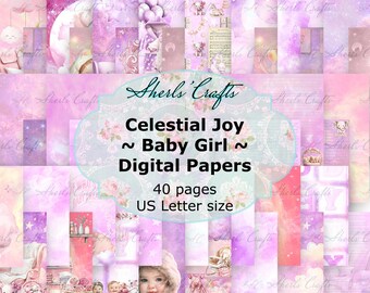 Celestial Joy - Baby Mädchen Digitale Papiere Bündel - US Letter Size | Digitaler Download | Scrapbooking | Zeitschrift | Kartenherstellung