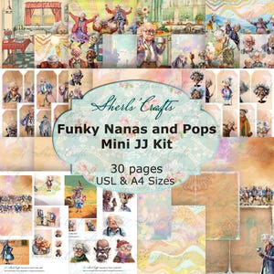 May include: A digital paper kit titled "Funky Nanas and Pops Mini JJ Kit" by Sherl's Crafts. The kit includes 30 pages in USL and A4 sizes. The image features watercolor illustrations of elderly people in various scenes and poses, with a vintage aesthetic.