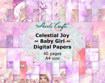Celestial Joy - Baby Mädchen Digitale Papiere Bündel - A4 Größe | Digitaler Download | Scrapbooking | Zeitschrift | Kartenherstellung