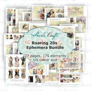 May include: A collection of vintage-style ephemera, featuring images of flapper girls, fashion illustrations, and postcards. The bundle includes 27 pages with 175 elements, all in US Letter size. The central design element is a teal and floral design with the text "Roaring 20s Ephemera Bundle."