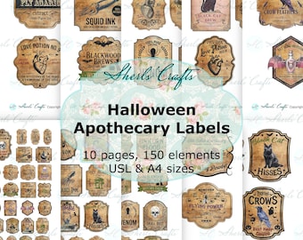 Halloween-Apothekenetiketten zum Ausdrucken | Etiketten für Zaubertrankflaschen | Halloween-Deko | Gruseliges Junk Journal – A4- und US-Letter-Format