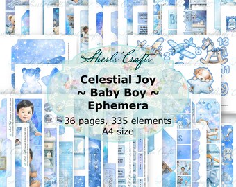 Celestial Joy - Baby Junge Ephemera Bündel - A4 Größe | Digitaler Download | Scrapbooking | Junk Journal | Kartenherstellung