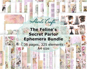 Das Katzen-Geheimnis-Salon-Ephemera-Set – A4-Format | Digitaler Download | Scrapbooking | Junk Journal | Kartenbasteln