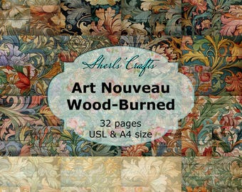 Jugendstil-Holzbrandmuster | Digitaler Download | Scrapbook-Papier | Junk-Journal-Set | Kartenbasteln – A4- und US-Letter-Formate