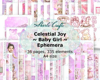Celestial Joy - Baby Mädchen Ephemera Bündel - A4 Größe | Digitaler Download | Scrapbooking | Junk Journal | Kartenherstellung