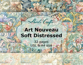 Jugendstil-Papier im Used-Look | Digitaler Download | Scrapbook-Papier | Junk-Journal-Set | Kartenbasteln – A4- und US-Letter-Formate