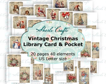 Vintage Christmas Library Card and Pocket - US Letter Size | Digital Download | Scrapbooking | Junk Journal | Card Making