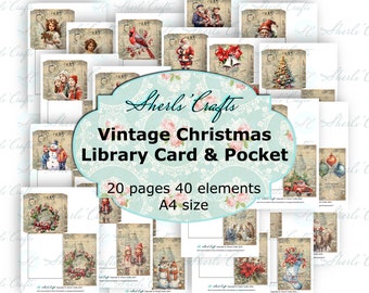 Vintage Christmas Library Card and Pocket - A4 Size | Digital Download | Scrapbooking | Junk Journal | Card Making