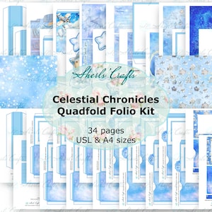 May include: A collection of blue and white paper crafts, including folios, with celestial and star patterns. The text "Celestial Chronicles Quadfold Folio Kit" is displayed, along with "34 pages" and "USL & A4 sizes". The image has a soft, dreamy aesthetic.