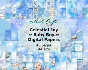 Celestial Joy - Baby Junge Digitale Papiere Bündel - A4 Größe | Digitaler Download | Scrapbooking | Zeitschrift | Kartenherstellung