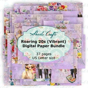 May include: A digital paper bundle with a purple background and a variety of images, including flowers, vintage illustrations, and text. The title of the bundle is "Roaring 20s (Vibrant) Digital Paper Bundle" and it includes 37 pages in US Letter size.