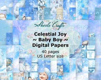Celestial Joy - Baby Junge Digitale Papiere Bündel - US Letter Size | Digitaler Download | Scrapbooking | Zeitschrift | Kartenherstellung