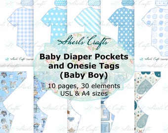 Windeltaschen- und Strampler-Etiketten-Set für Jungen zum Ausdrucken | Scrapbooking | Junk Journal | Kartenbasteln – A4- und US-Letter-Formate