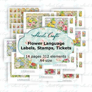Flower Language Labels, Stamps, and Tickets - A4 Size | Digital Download | Scrapbooking | Journal | Card Making | Vintage Ephemera