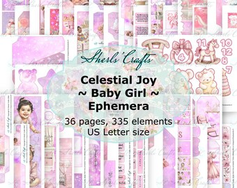 Celestial Joy - Baby Mädchen Ephemera Bündel - US Letter Size | Digitaler Download | Scrapbooking | Junk Journal | Kartenherstellung