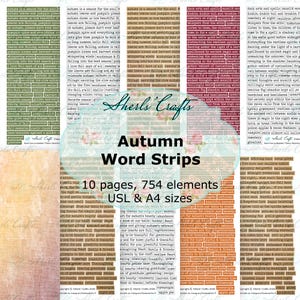 Könnte beinhalten: Eine digitale Sammlung druckbarer Wortstreifen mit Herbst- und Halloween-Motiven. Das Set enthält 10 Seiten mit 754 einzelnen Elementen in verschiedenen Farben, darunter Grün, Braun und Dunkelrot, in den Formaten US Letter und A4.