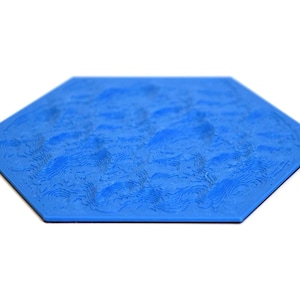 May include: A blue, hexagonal topographical map with detailed contour lines representing elevation. The map's vibrant blue colour contrasts with the white background. The design is a representation of a natural landscape.