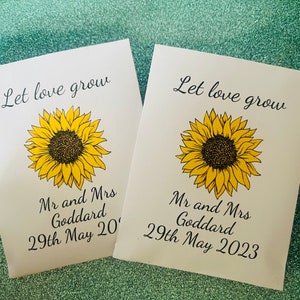 5 x Wedding favours | sunflowers seeds personalised | sunflower favours | sunflower wedding | sunflower packs | let love grow | personalised