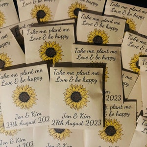 Mini wedding favours | sunflowers seeds personalised | sunflower favours | sunflower wedding | mini sunflower packs | plant me