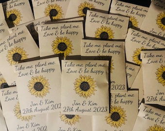 Mini wedding favours | sunflowers seeds personalised | sunflower favours | sunflower wedding | mini sunflower packs | plant me