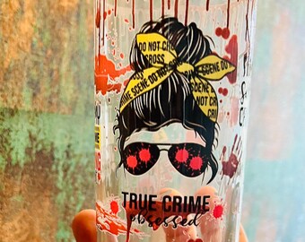Personalised  glass | True Crime Junkie | Tumbler | Pop Fizzy Drinks | Crime documentaries | Cold coffee | True crime fan |  Gift | Present