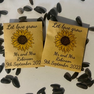 Mini wedding favours | sunflowers seeds personalised | sunflower favours | sunflower wedding | mini sunflower packs | let love grow