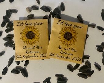 Mini wedding favours | sunflowers seeds personalised | sunflower favours | sunflower wedding | mini sunflower packs | let love grow