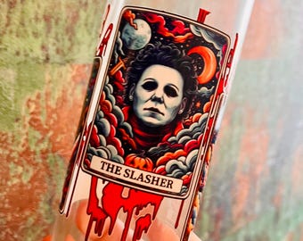 Personalised  glass | Slasher | Horror | Halloween Tumbler | Pop Fizzy Drinks | Scary movies | Cold coffee | Gift | Personalised present.