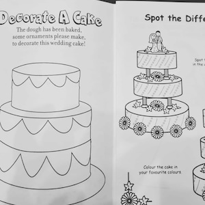 May include: A black and white coloring page featuring a two-tier wedding cake with a couple on top. The text "Decorate A Cake" is at the top of the page. The text "The dough has been baked, some ornaments please make, to decorate this wedding cake!" is below the title. The text "Spot the Difference" is at the top right of the page. The text "Spot the difference in the picture" is below the title. The text "Colour the cake in your favourite colours." is at the bottom right of the page.