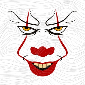Könnte beinhalten: Nahaufnahme eines Clownsgesichts mit einem unheimlichen Lächeln. Der Clown hat rotes und weißes Make-up, orange Augen und eine rote Nase. Der Hintergrund ist ein weißes und graues, wellenförmiges Muster.