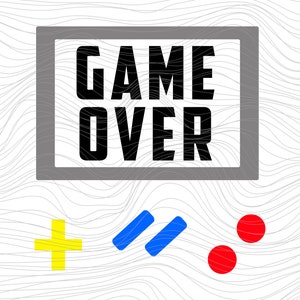 May include: A retro-style game over screen with the words "GAME OVER" displayed in a black box on a white background with gray wavy lines. Below the screen are three colorful game icons: a yellow plus sign, two blue parallel lines, and two red circles.