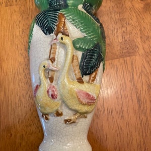 Vintage Wall Pocket Vase Ceramic Geese under Palm Trees, Japan