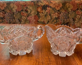 Crystal glass sugar bowl and creamer