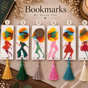 May include: Six rectangular bookmarks labelled 1 through 6, each featuring a watercolour illustration of a person with a large, colourful afro hairstyle. Each bookmark includes a matching silk tassel at the bottom in yellow, green, grey, pink, blue, or white.