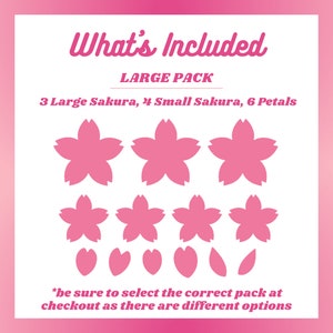 May include: Pink floral design elements, including three large sakura blossoms, four small sakura blossoms, and six petals, are displayed on a white background. The text "What's Included" and "LARGE PACK" are at the top.