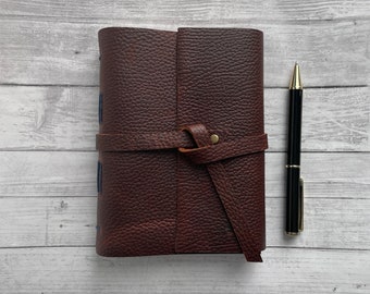 Small Handsewn Leather Journal, Blank Paper Notebook, Soft Brown Pebbled Leather Book, Long Stitch Binding, 4.5”x6” Journal Size, 160 Pages