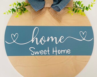 Wooden Front Door Decor Light Blue White Burlap Bow Hanger Wreath Welcome Home Sweet Round Circle Gift Housewarming Paint Vinyl Spring