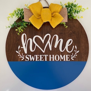 Wooden Front Door Decor Blue White Yellow Burlap Bow Hanger Wreath Welcome Home Round Circle Gift Housewarming Football Roll Tide