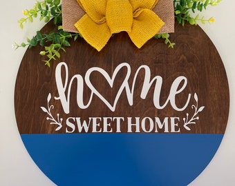 Wooden Front Door Decor Blue White Yellow Burlap Bow Hanger Wreath Welcome Home Round Circle Gift Housewarming Football Roll Tide
